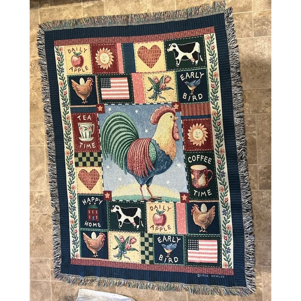 Coco Dowley Rise & Shine Americana Rooster Tapestry Blanket Farmhouse